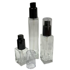 15mL Clear Tall Slim Square Glass Bottle with 18/415 Black Polypropylene Denali Treatment Pump with Tall Smooth Collar & Clear ABS Overcap