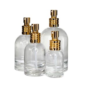 Round & Square Glass Bottles with Metal Finger Sprayers with Swirl Collars & Overcaps
