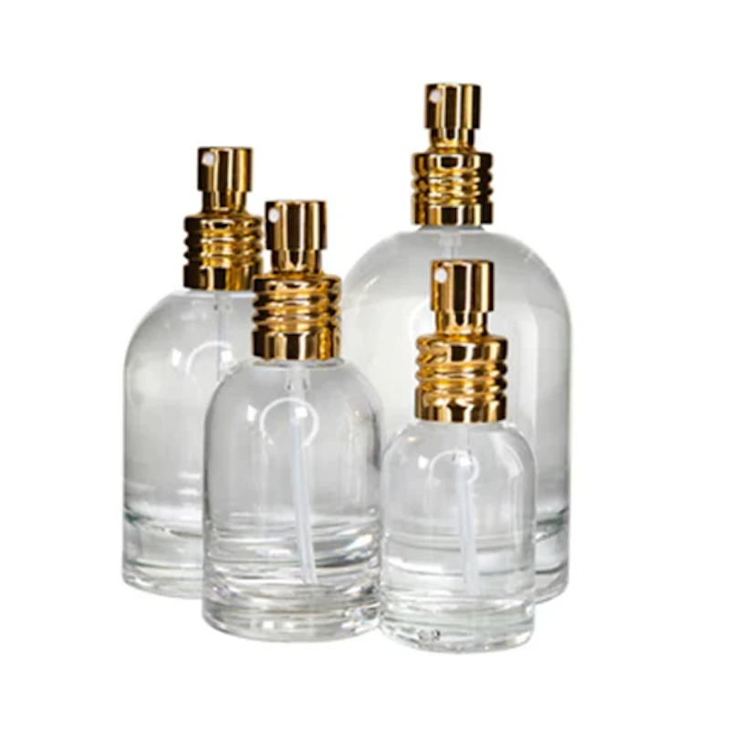 Round & Square Glass Bottles with Metal Finger Sprayers with Swirl Collars & Overcaps