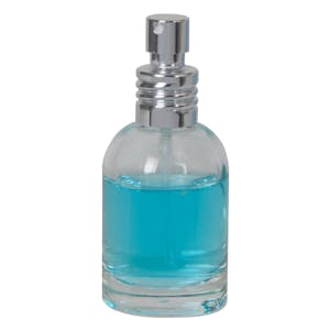 30mL Clear Begonia Dome Round Glass Bottle with 18/415 Silver Metal Finger Sprayer with Swirl Collar & Overcap