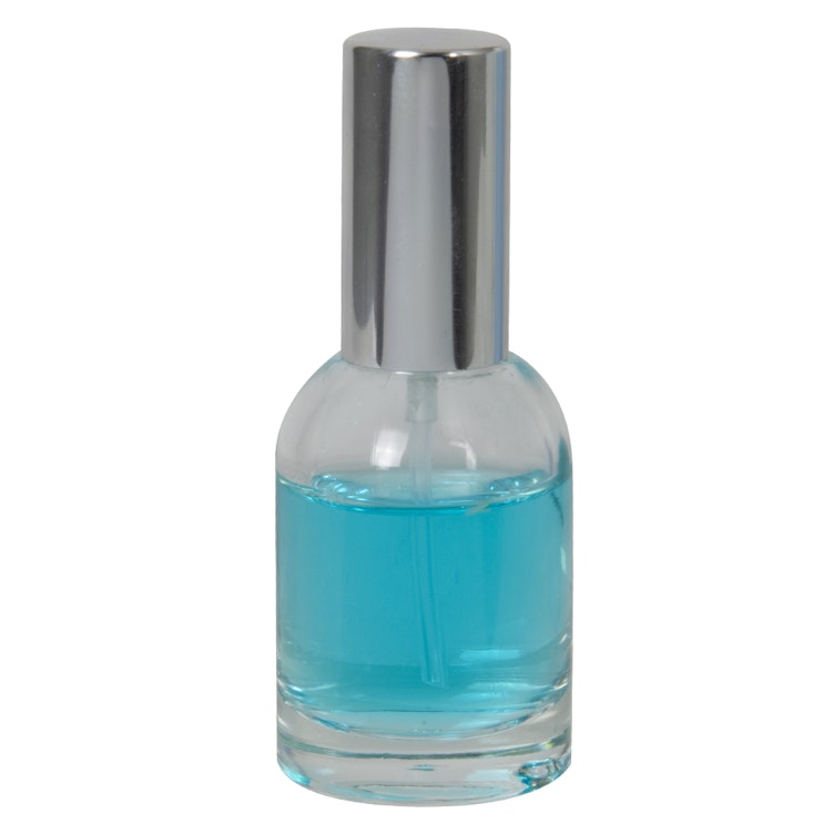 30mL Clear Begonia Dome Round Glass Bottle with 18/415 Silver Metal Finger Sprayer with Swirl Collar & Overcap