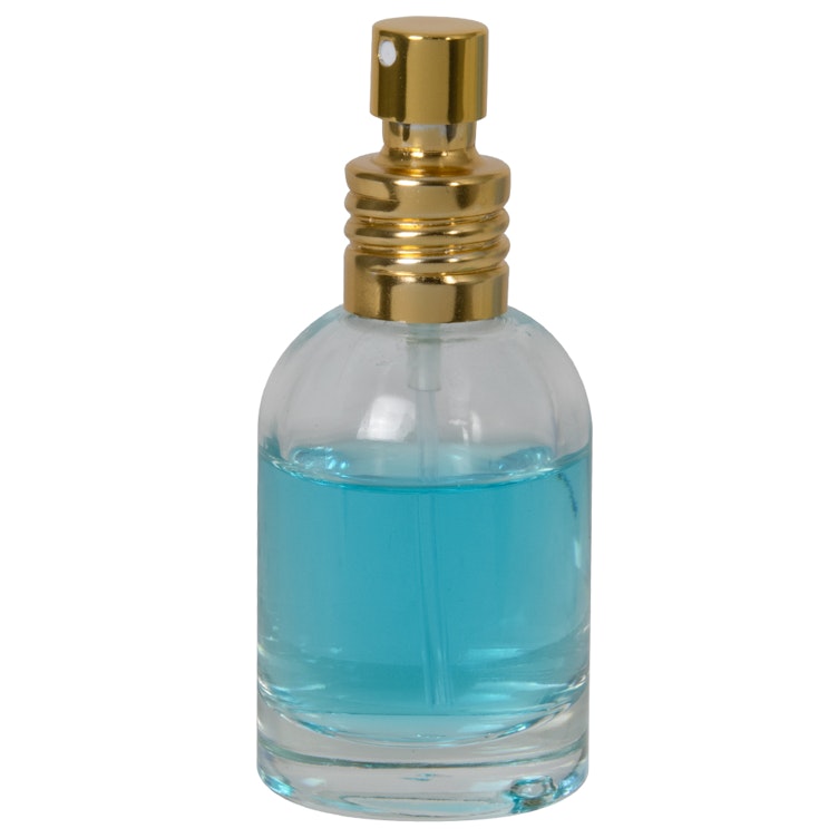 30mL Clear Begonia Dome Round Glass Bottle with 18/415 Gold Metal Finger Sprayer with Swirl Collar & Overcap