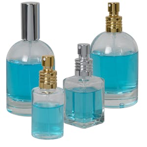 Round & Square Glass Bottles with Metal Finger Sprayers with Swirl Collars & Overcaps