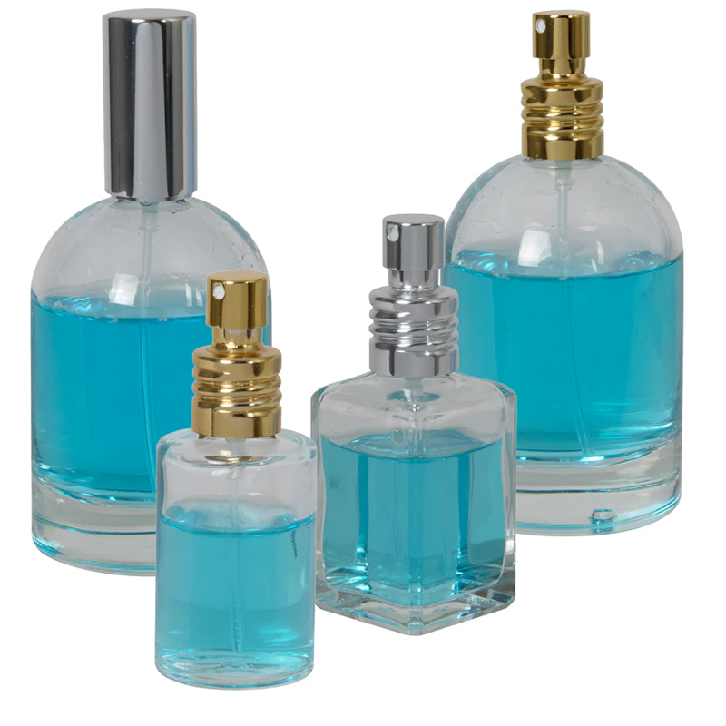 Round & Square Glass Bottles with Metal Finger Sprayers with Swirl Collars & Overcaps