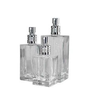 50mL Clear Tall Slim Square Glass Bottle with 18/415 Silver Metal Finger Sprayer with Swirl Collar & Overcap