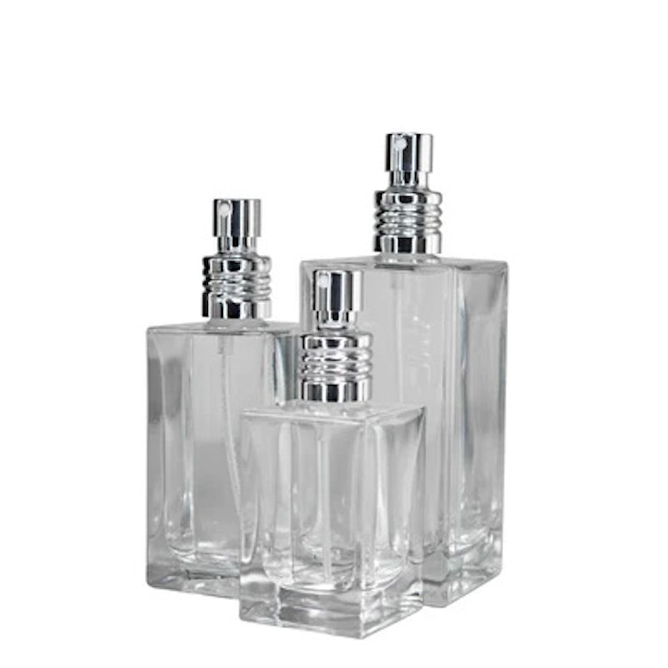 50mL Clear Tall Slim Square Glass Bottle with 18/415 Gold Metal Finger Sprayer with Swirl Collar & Overcap