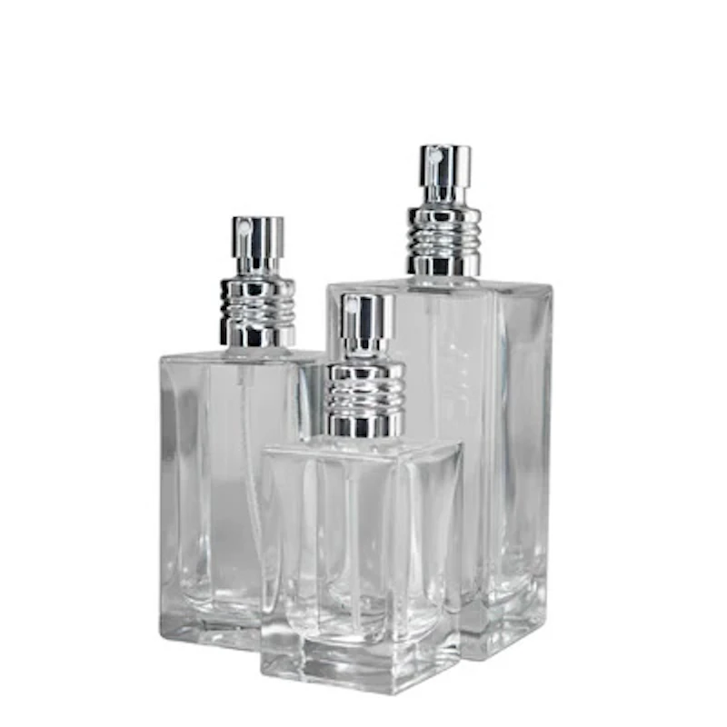 Round & Square Glass Bottles with Metal Finger Sprayers with Swirl Collars & Overcaps