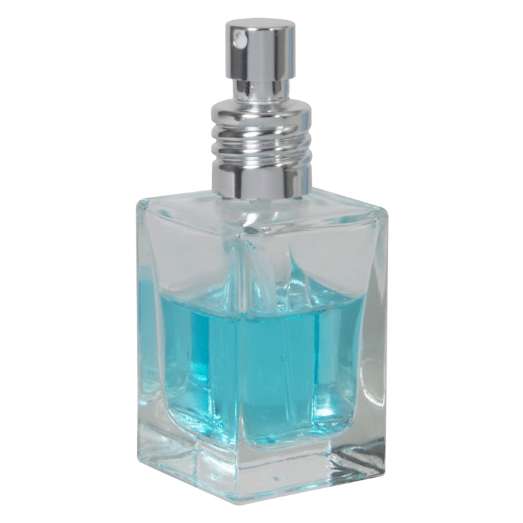 30mL Clear Square Glass Bottle with 18/415 Silver Metal Finger Sprayer with Swirl Collar & Overcap