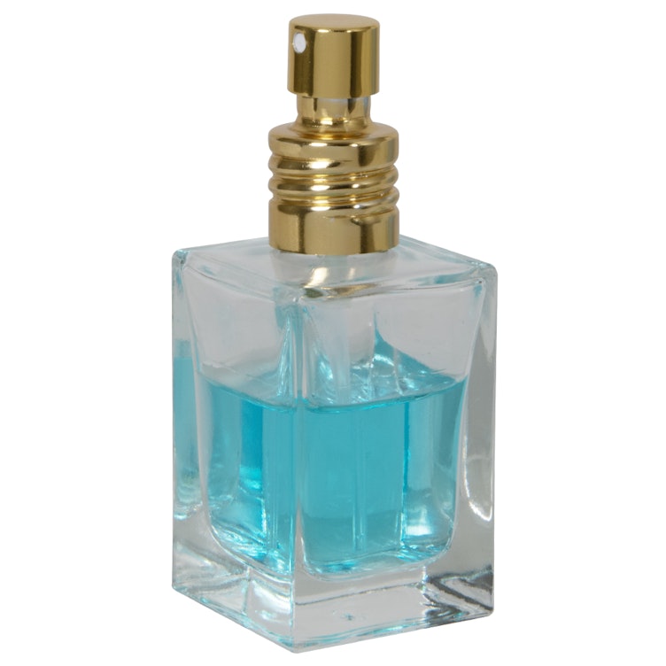 30mL Clear Square Glass Bottle with 18/415 Gold Metal Finger Sprayer with Swirl Collar & Overcap