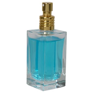 50mL Clear Square Glass Bottle with 18/415 Gold Metal Finger Sprayer with Swirl Collar & Overcap