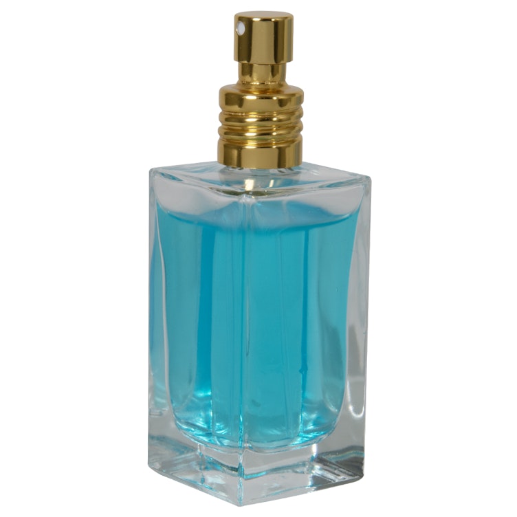 50mL Clear Square Glass Bottle with 18/415 Gold Metal Finger Sprayer with Swirl Collar & Overcap