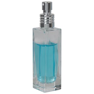 30mL Clear Tall Slim Square Glass Bottle with 18/415 Silver Metal Finger Sprayer with Swirl Collar & Overcap