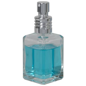 30mL (1 oz.) Clear Rounded Square Glass Bottle with 18/415 Silver Metal Finger Sprayer with Swirl Collar & Overcap