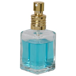 30mL (1 oz.) Clear Rounded Square Glass Bottle with 18/415 Gold Metal Finger Sprayer with Swirl Collar & Overcap