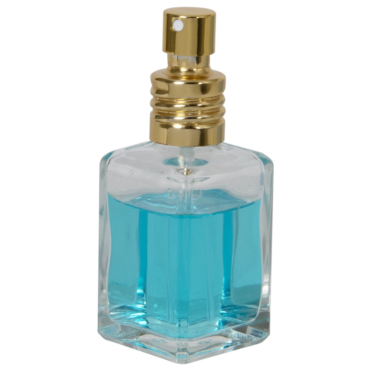 30mL (1 oz.) Clear Rounded Square Glass Bottle with 18/415 Gold Metal Finger Sprayer with Swirl Collar & Overcap