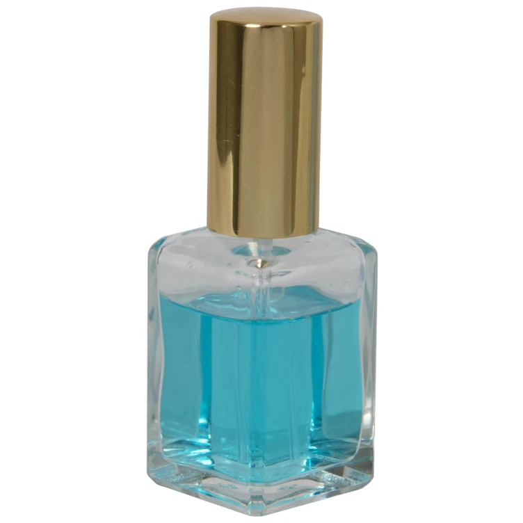 30mL (1 oz.) Clear Rounded Square Glass Bottle with 18/415 Gold Metal Finger Sprayer with Swirl Collar & Overcap