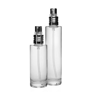 30mL (1 oz.) Clear Tall Cylinder Glass Bottle with 18/415 Silver Metal Finger Sprayer with Swirl Collar & Overcap