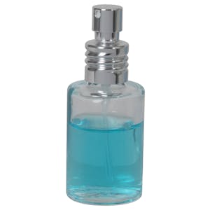 30mL (1 oz.) Clear Stubby Cylinder Glass Bottle with 18/415 Silver Metal Finger Sprayer with Swirl Collar & Overcap