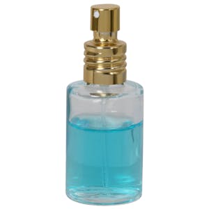 30mL (1 oz.) Clear Stubby Cylinder Glass Bottle with 18/415 Gold Metal Finger Sprayer with Swirl Collar & Overcap