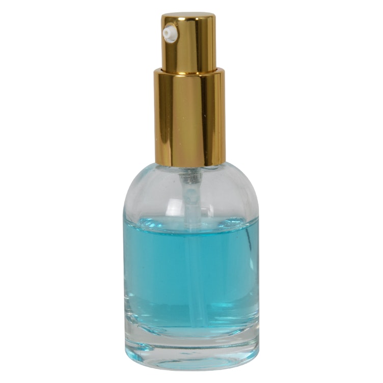 30mL Clear Begonia Dome Round Glass Bottle with 18/415 Gold Metal Treatment Pump with Smooth Collar & Overcap