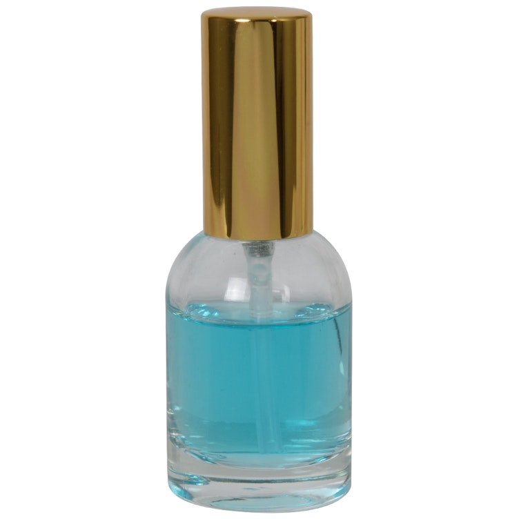 30mL Clear Begonia Dome Round Glass Bottle with 18/415 Gold Metal Treatment Pump with Smooth Collar & Overcap