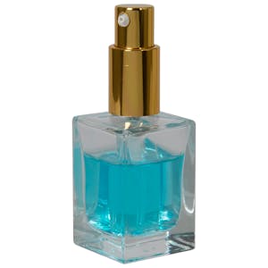 30mL Clear Square Glass Bottle with 18/415 Gold Metal Treatment Pump with Smooth Collar & Overcap