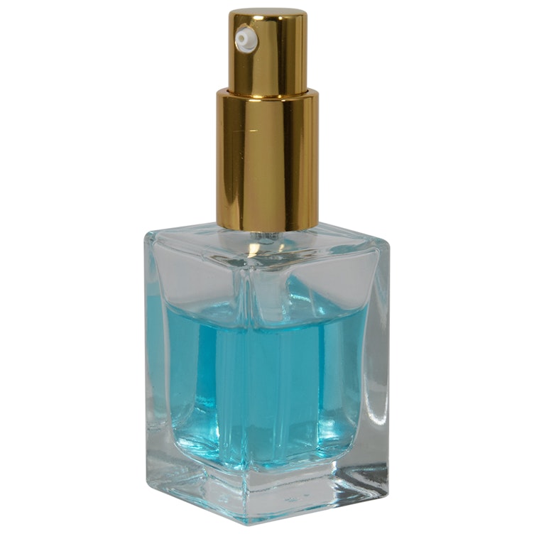 30mL Clear Square Glass Bottle with 18/415 Gold Metal Treatment Pump with Smooth Collar & Overcap