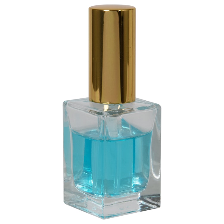 30mL Clear Square Glass Bottle with 18/415 Gold Metal Treatment Pump with Smooth Collar & Overcap