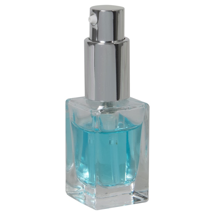 15mL Clear Tall Slim Square Glass Bottle with 18/415 Silver Metal Treatment Pump with Smooth Collar & Overcap