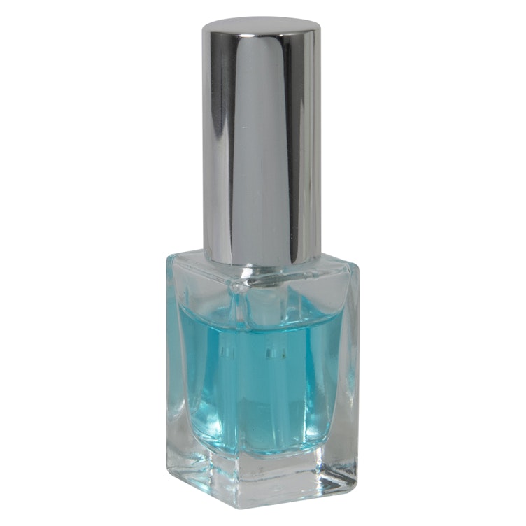 15mL Clear Tall Slim Square Glass Bottle with 18/415 Silver Metal Treatment Pump with Smooth Collar & Overcap