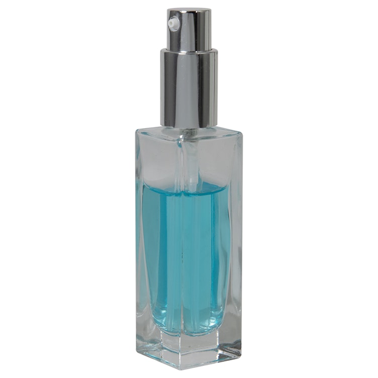 30mL Clear Tall Slim Square Glass Bottle with 18/415 Silver Metal Treatment Pump with Smooth Collar & Overcap