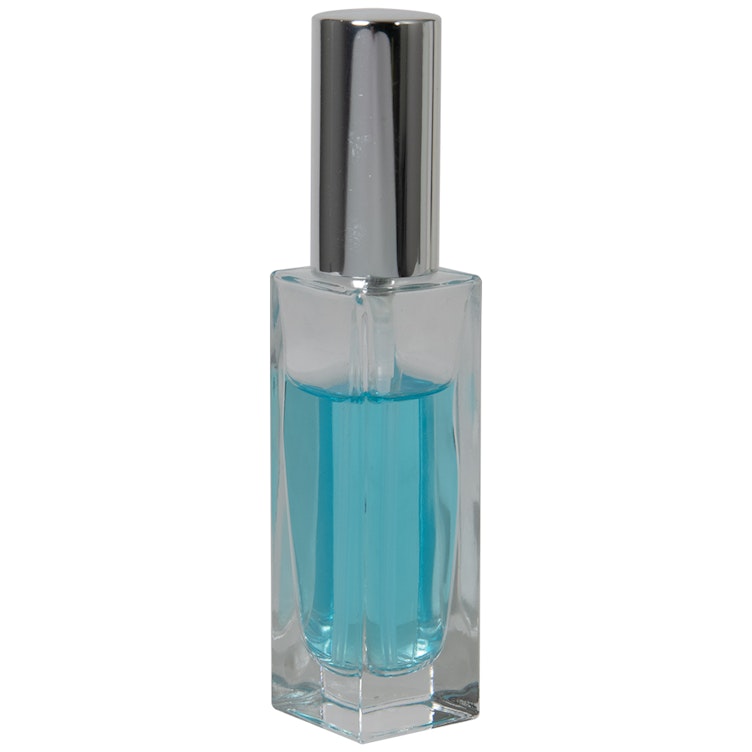 30mL Clear Tall Slim Square Glass Bottle with 18/415 Silver Metal Treatment Pump with Smooth Collar & Overcap