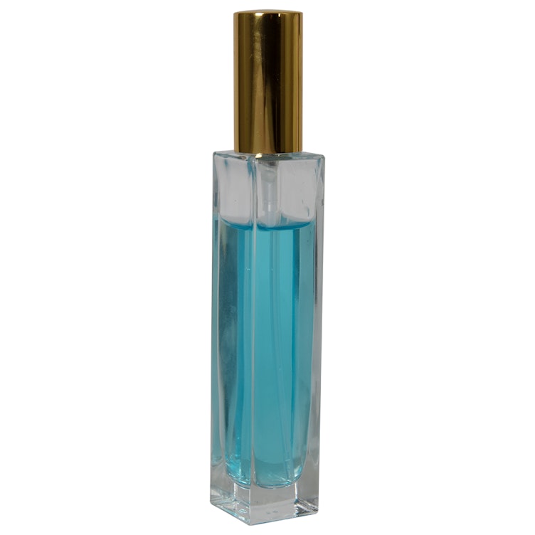 50mL Clear Tall Slim Square Glass Bottle with 18/415 Gold Metal Treatment Pump with Smooth Collar & Overcap