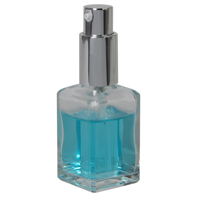 30mL (1 oz.) Clear Rounded Square Glass Bottle with 18/415 Silver Metal Treatment Pump with Smooth Collar & Overcap
