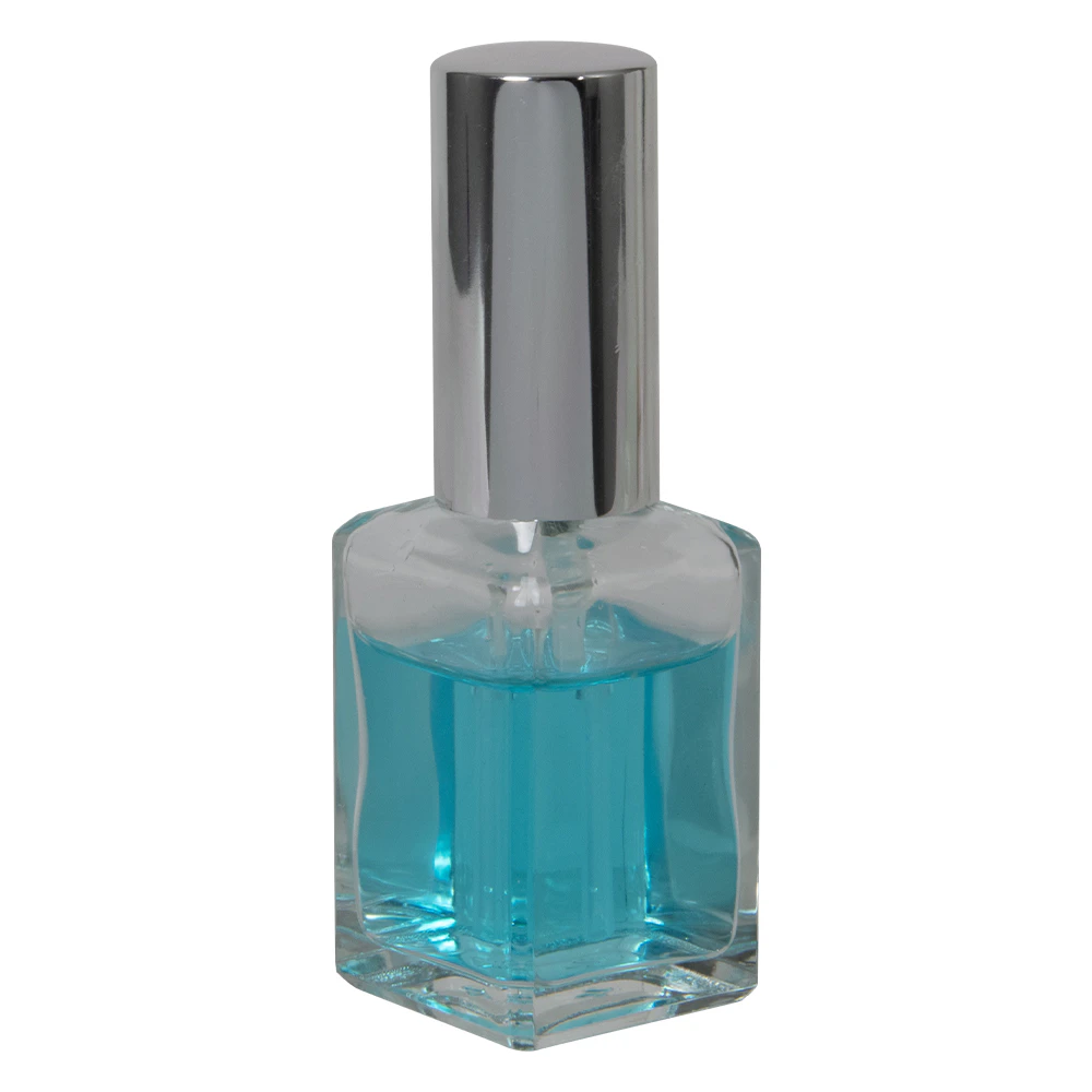 Square Rounded Bottle 30mL (1 oz.) Clear Rounded Square Glass Bottle with 18/415 Silver Metal ...