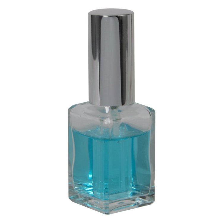 30mL (1 oz.) Clear Rounded Square Glass Bottle with 18/415 Silver Metal Treatment Pump with Smooth Collar & Overcap