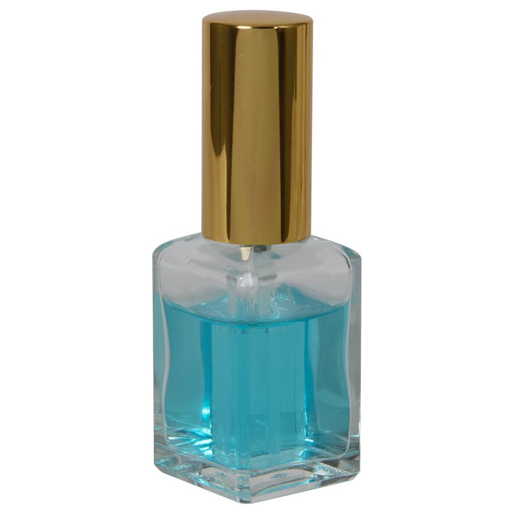 Square Rounded Bottle 30mL (1 oz.) Clear Rounded Square Glass Bottle with 18/415 Gold Metal ...