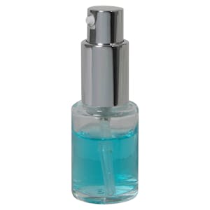 15mL (1/2 oz.) Clear Stubby Cylinder Glass Bottle with 18/415 Silver Metal Treatment Pump with Smooth Collar & Overcap