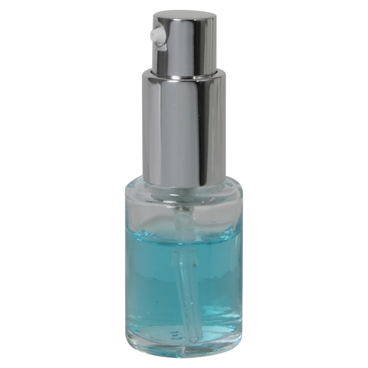15mL (1/2 oz.) Clear Stubby Cylinder Glass Bottle with 18/415 Silver Metal Treatment Pump with Smooth Collar & Overcap