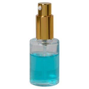 30mL (1 oz.) Clear Stubby Cylinder Glass Bottle with 18/415 Gold Metal Treatment Pump with Smooth Collar & Overcap