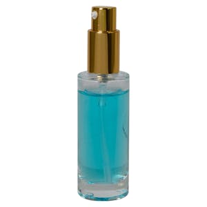 30mL (1 oz.) Clear Tall Cylinder Glass Bottle with 18/415 Gold Metal Treatment Pump with Smooth Collar & Overcap