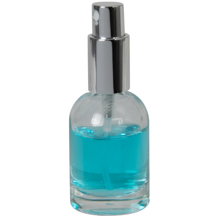 30mL Clear Begonia Dome Round Glass Bottle with 18/415 Silver Metal Finger Sprayer with Smooth Collar & Overcap