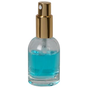 30mL Clear Begonia Dome Round Glass Bottle with 18/415 Gold Metal Finger Sprayer with Smooth Collar & Overcap