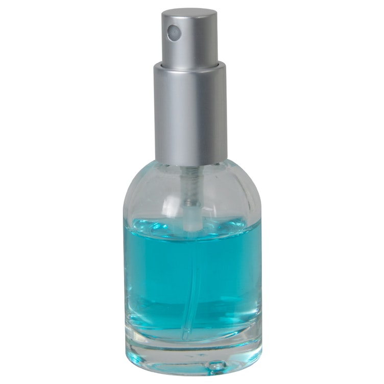 50mL Clear Begonia Dome Round Glass Bottle with 18/415 Matte Silver Metal Finger Sprayer with Smooth Collar & Overcap