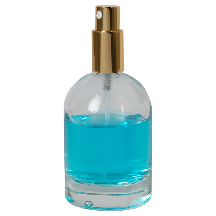 100mL Clear Begonia Dome Round Glass Bottle with 18/415 Gold Metal Finger Sprayer with Smooth Collar & Overcap