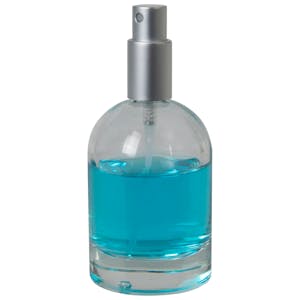 100mL Clear Begonia Dome Round Glass Bottle with 18/415 Matte Silver Metal Finger Sprayer with Smooth Collar & Overcap