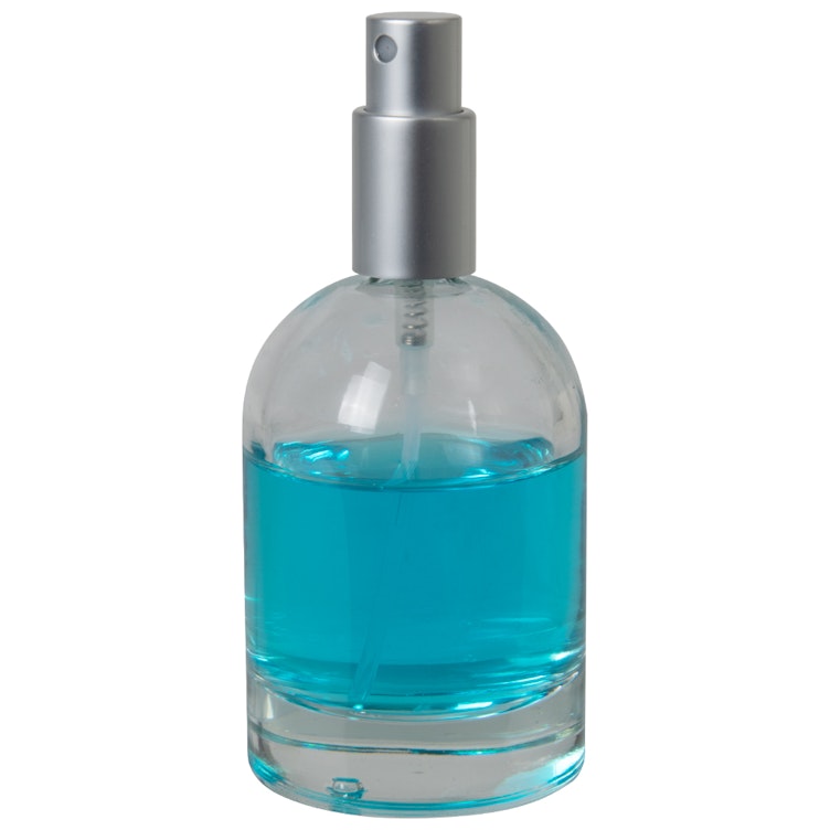 100mL Clear Begonia Dome Round Glass Bottle with 18/415 Matte Silver Metal Finger Sprayer with Smooth Collar & Overcap