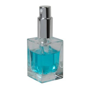 30mL Clear Square Glass Bottle with 18/415 Silver Metal Finger Sprayer with Smooth Collar & Overcap