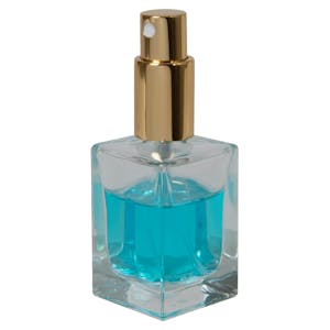 30mL Clear Square Glass Bottle with 18/415 Gold Metal Finger Sprayer with Smooth Collar & Overcap