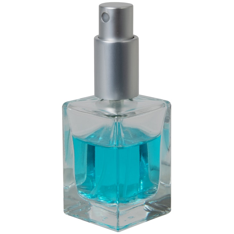 30mL Clear Square Glass Bottle with 18/415 Matte Silver Metal Finger Sprayer with Smooth Collar & Overcap